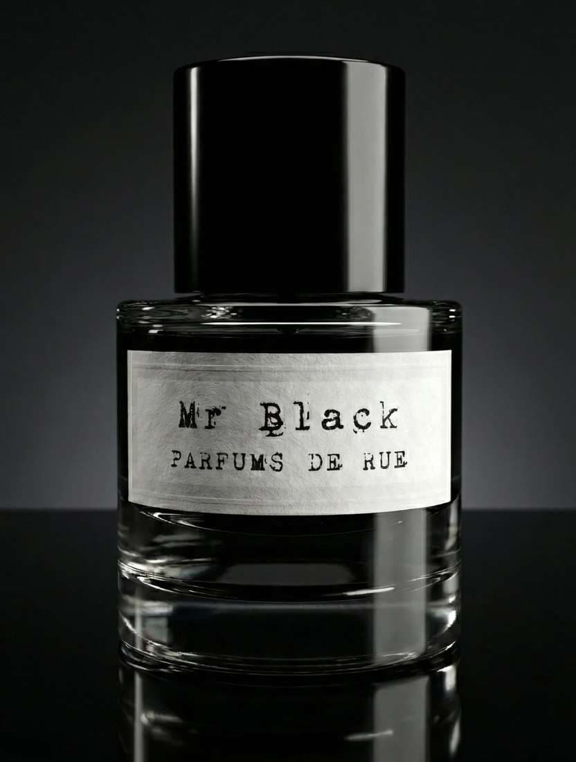 Flacon du parfum Mr Black par Parfums de Rue, famille olfactive boisée gourmande