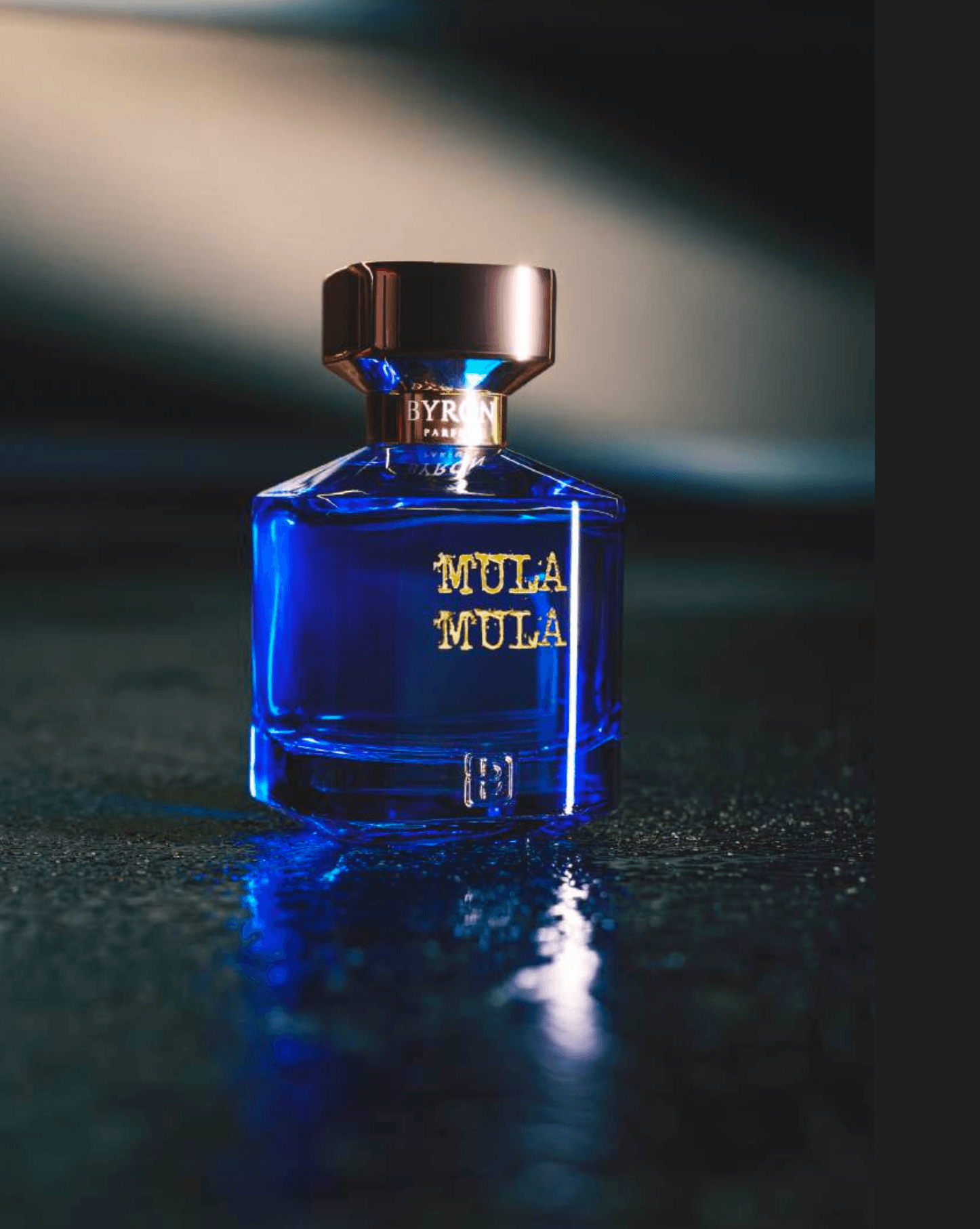 Flacon signature Sayel Parfumerie, présenté dans une lumière ambrée