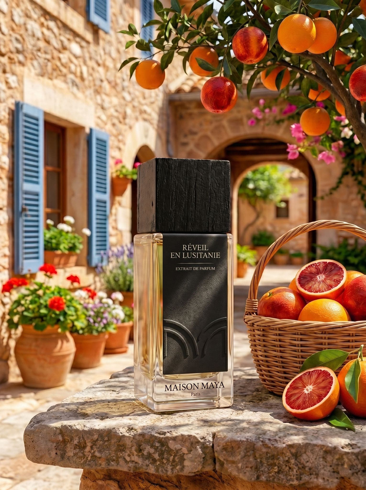 Flacon signature Sayel Parfumerie, présenté dans une lumière ambrée