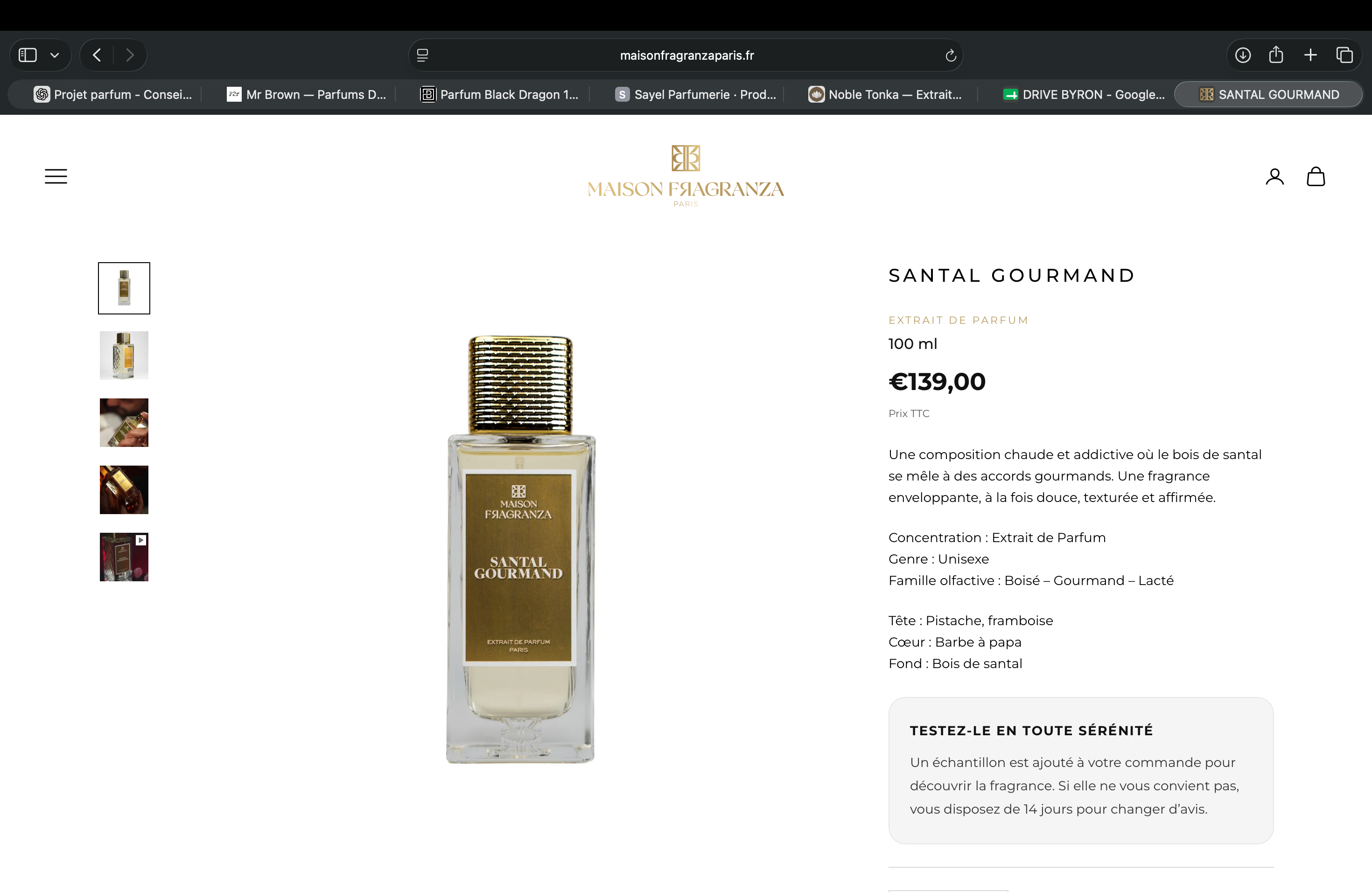 Santal Gourmand – Maison Fragranza, fiche produit avec notes olfactives